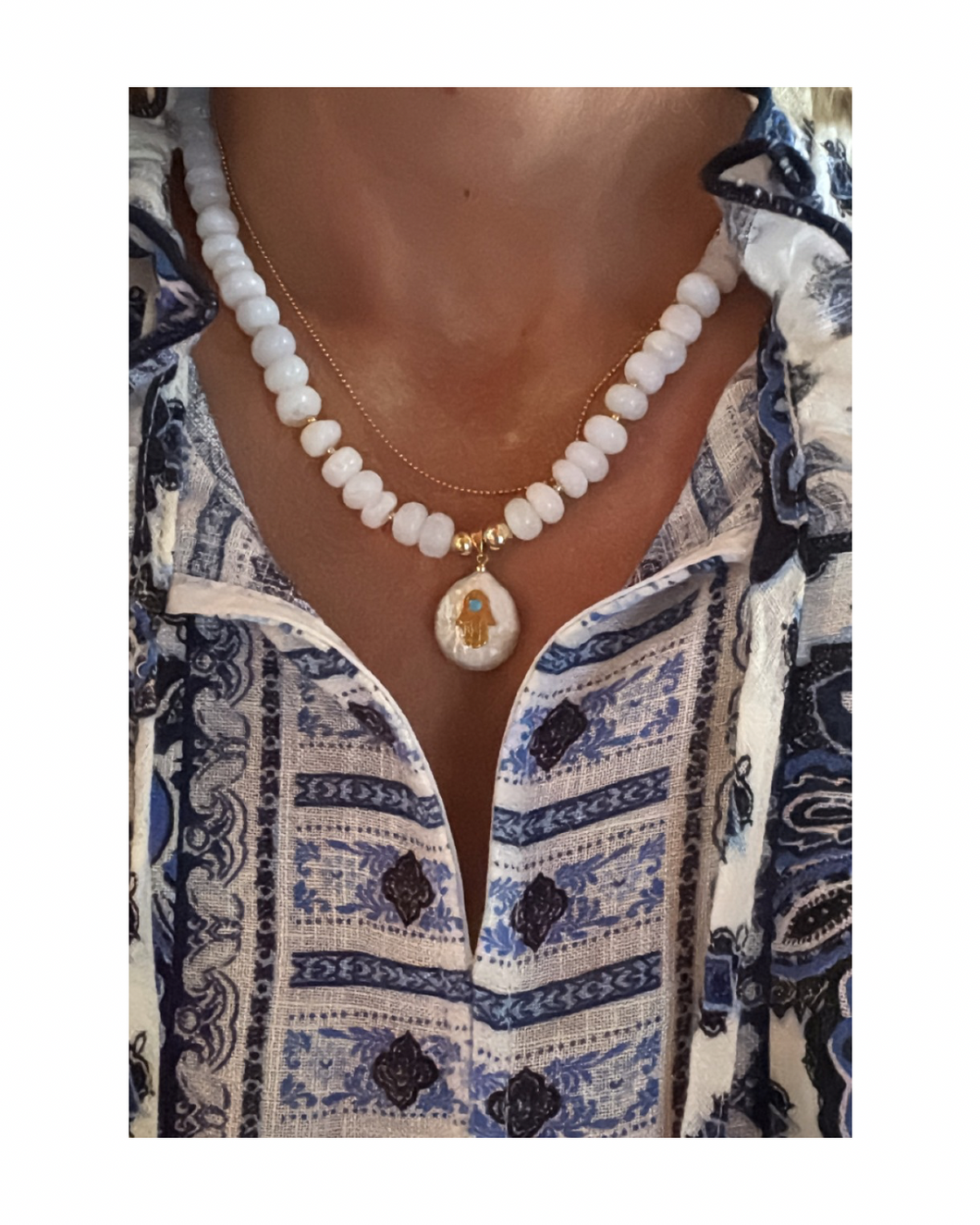 White Opals and Hamsa Necklace